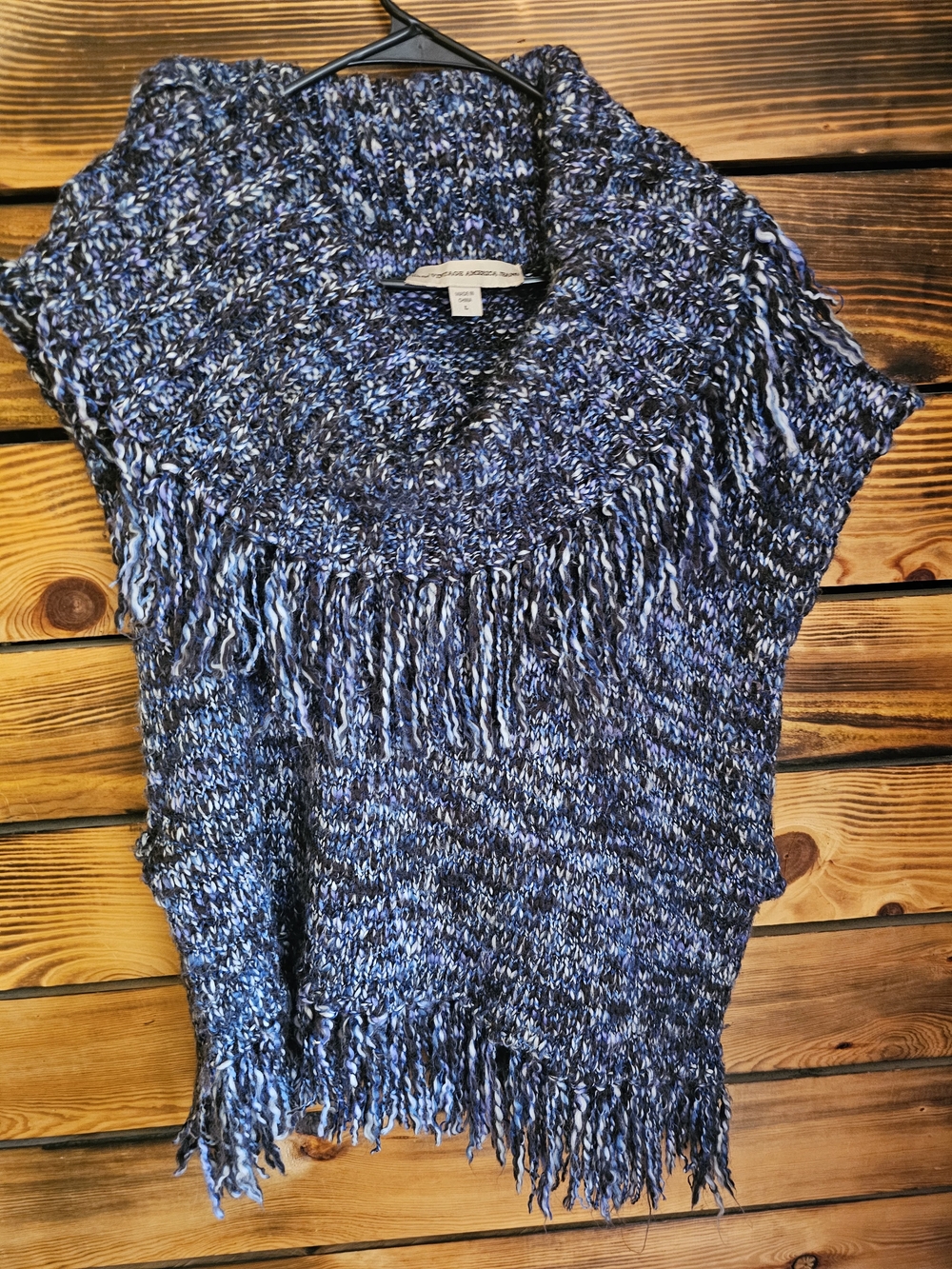 Vintage America Variegated Blue Fringe Knit Poncho